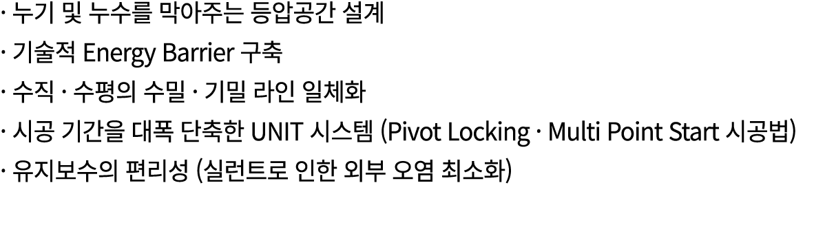 · 누기 및 누수를 막아주는 등압공간 설계 · 기술적 Energy Barrier 구축 · 수직 · 수평의 수밀 · 기밀 라인 일체화 · 시공 기간을 대폭 단축한 UNIT 시스템 (Pivot Locking · M...