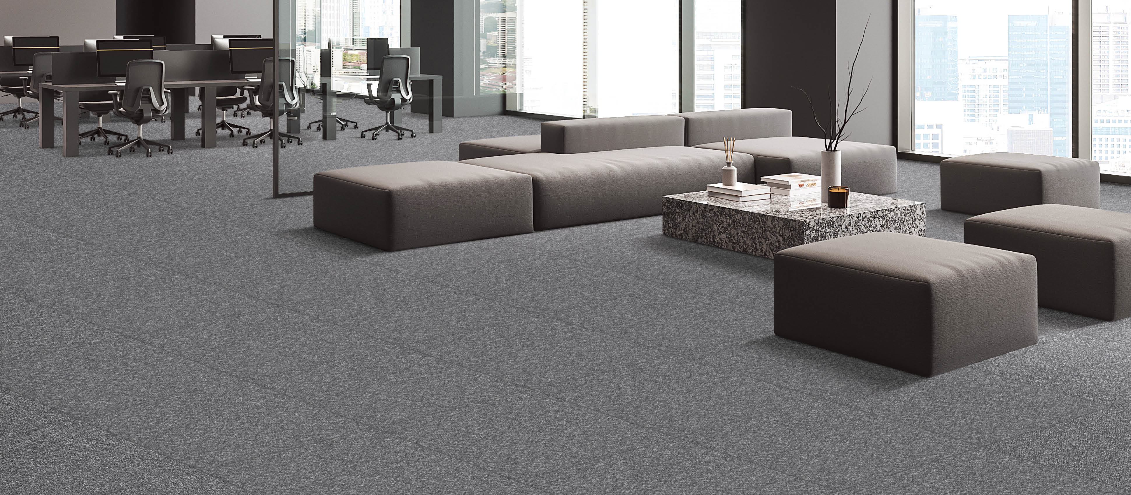 Corner of stylish office waiting room with dark gray walls, concrete floor, cozy sofas and armchairs standing near coffee table and open space area in background. 3d rendering