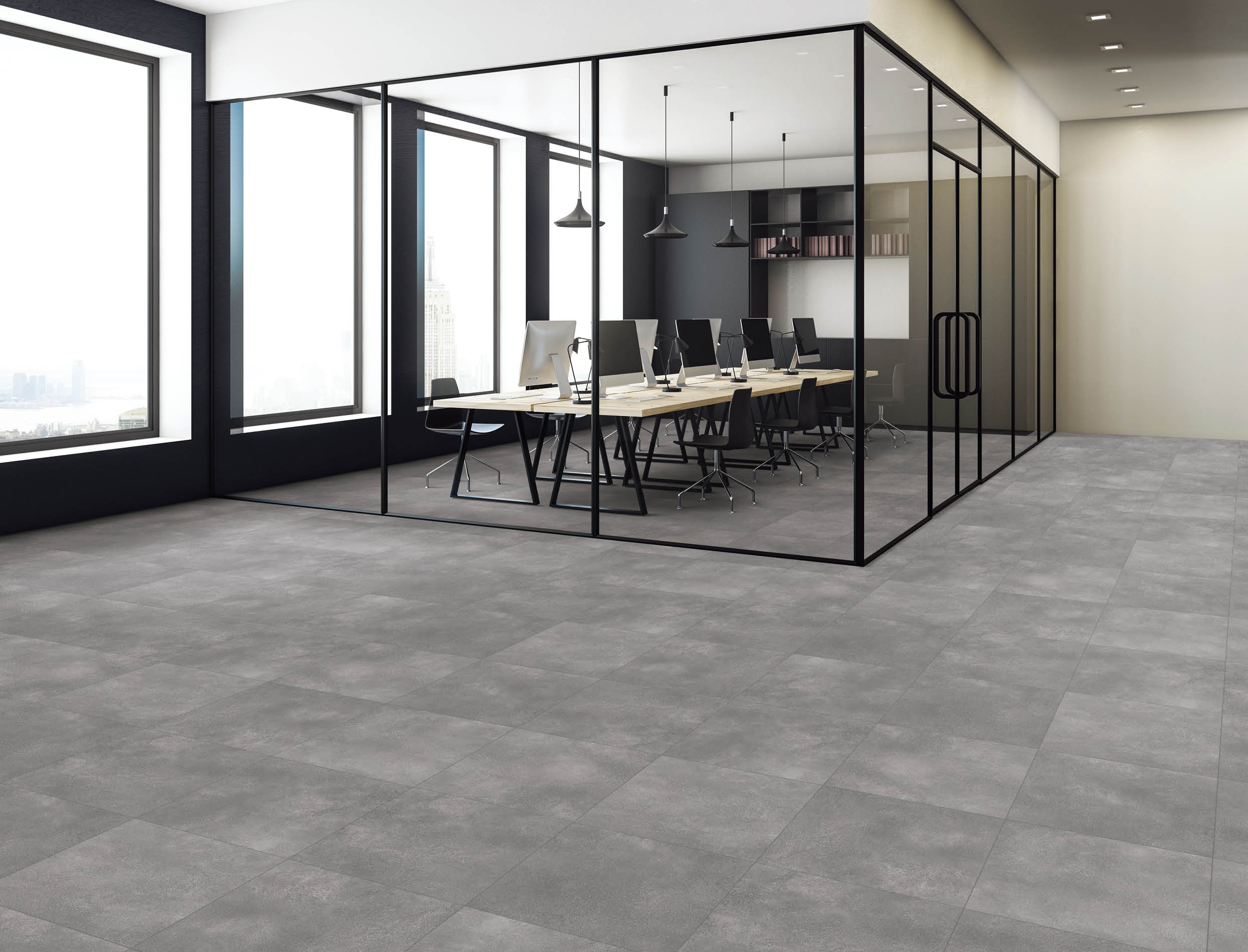 Concrete coworking office interior with city view, daylight, furniture and equipment. 3D Rendering