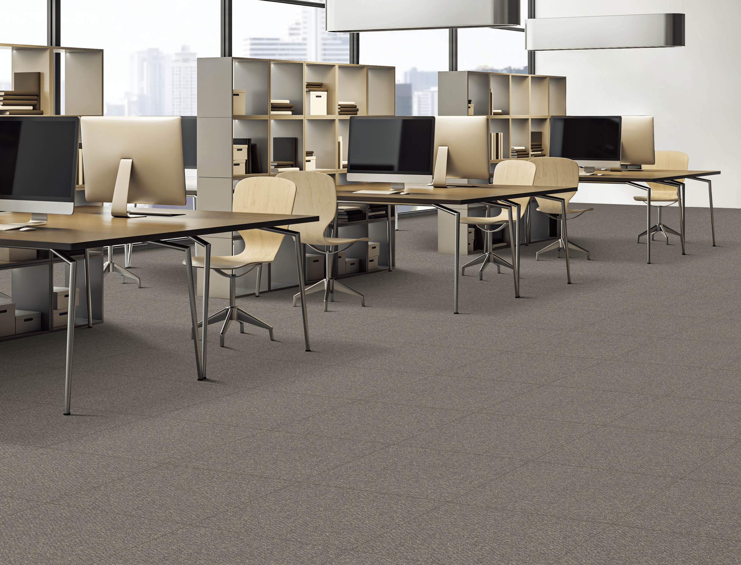 Simple concrete and wooden coworking office interior with bookcase partitions and panoramic windows with city view. 3D Rendering