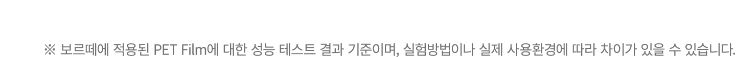 ※ 보르떼에 적용된 PET Film에 대한 성능 테스트 결과 기준이며, 실험방법이나 실제 사용환경에 따라 차이가 있을 수 있습니다.