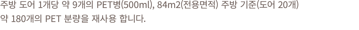 주방 도어 1개당 약 9개의 PET병(500ml), 84m2(전용면적) 주방 기준(도어 20개) 약 180개의 PET 분량을 재사용 합니다.