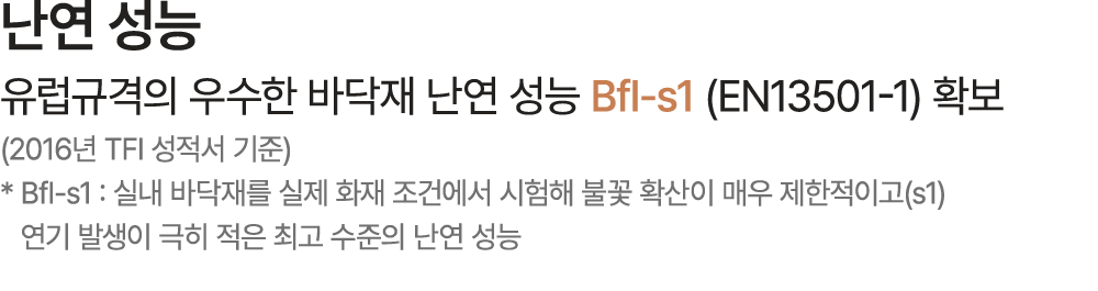 난연 성능 유럽규격의 우수한 바닥재 난연 성능 Bfl s1 (EN13501 1) 확보 (2016년 TFI 성적서 기준)​ * Bfl s1 : 실내 바닥재를 실제 화재 조건에서 시험해 불꽃 확산이 매우 제한적이고...