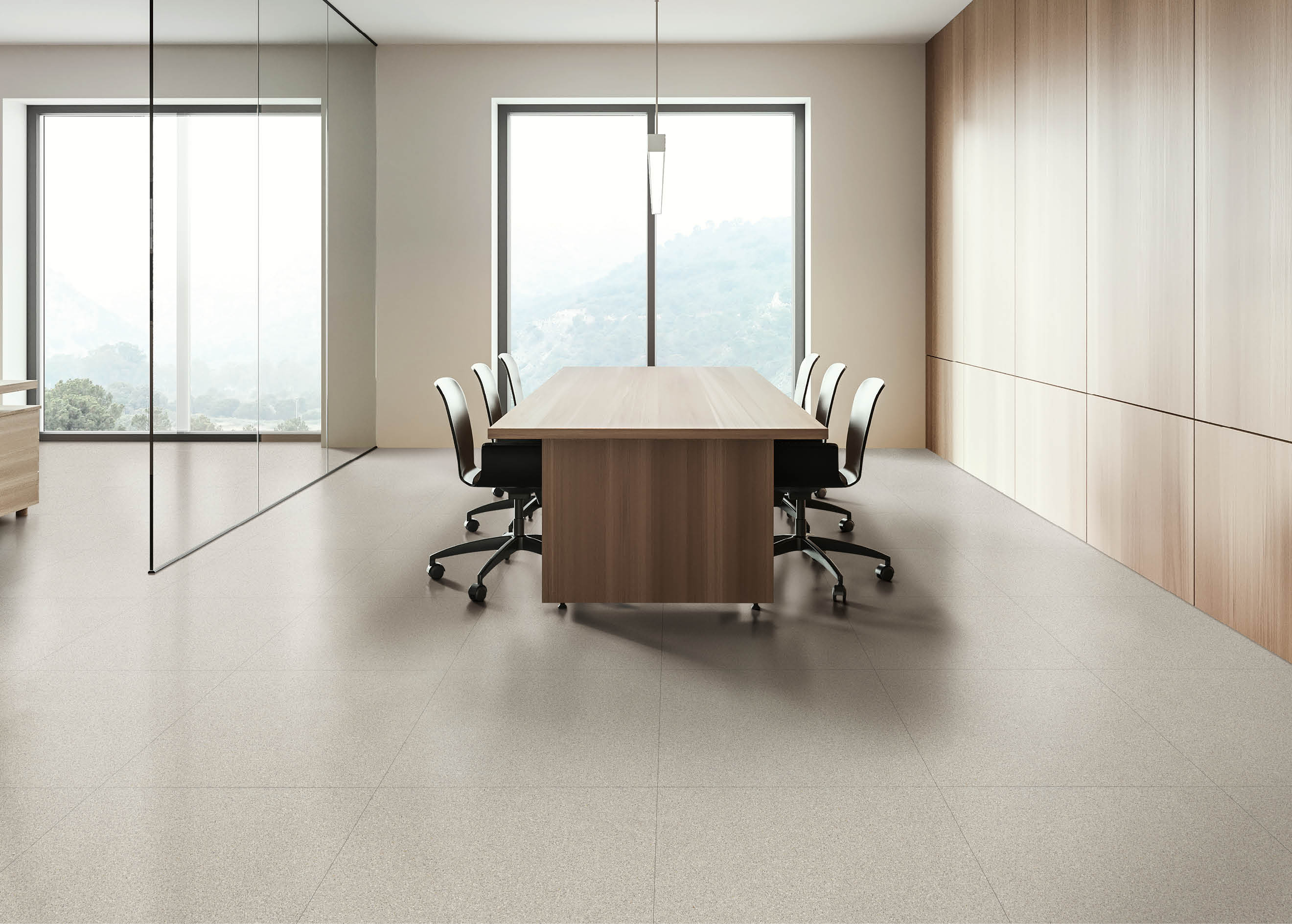Side view of stylish meeting room with wooden and white walls, concrete floor and long conference table. 3d rendering