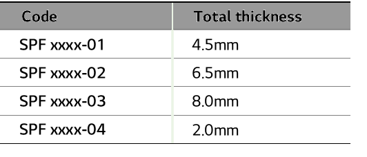 Code,Total thickness,SPF xxxx 01,4.5mm,SPF xxxx 02,6.5mm,SPF xxxx 03,8.0mm,SPF xxxx 04,2.0mm