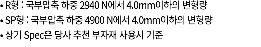 • R형 : 국부압축 하중 2940 N에서 4.0mm이하의 변형량 • SP형 : 국부압축 하중 4900 N에서 4.0mm이하의 변형량 • 상기 Spec은 당사 추천 부자재 사용시 기준