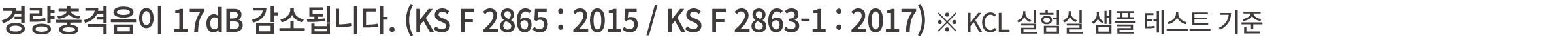 경량충격음이 17dB 감소됩니다. (KS F 2865 : 2015 / KS F 2863 1 : 2017) ※ KCL 실험실 샘플 테스트 기준