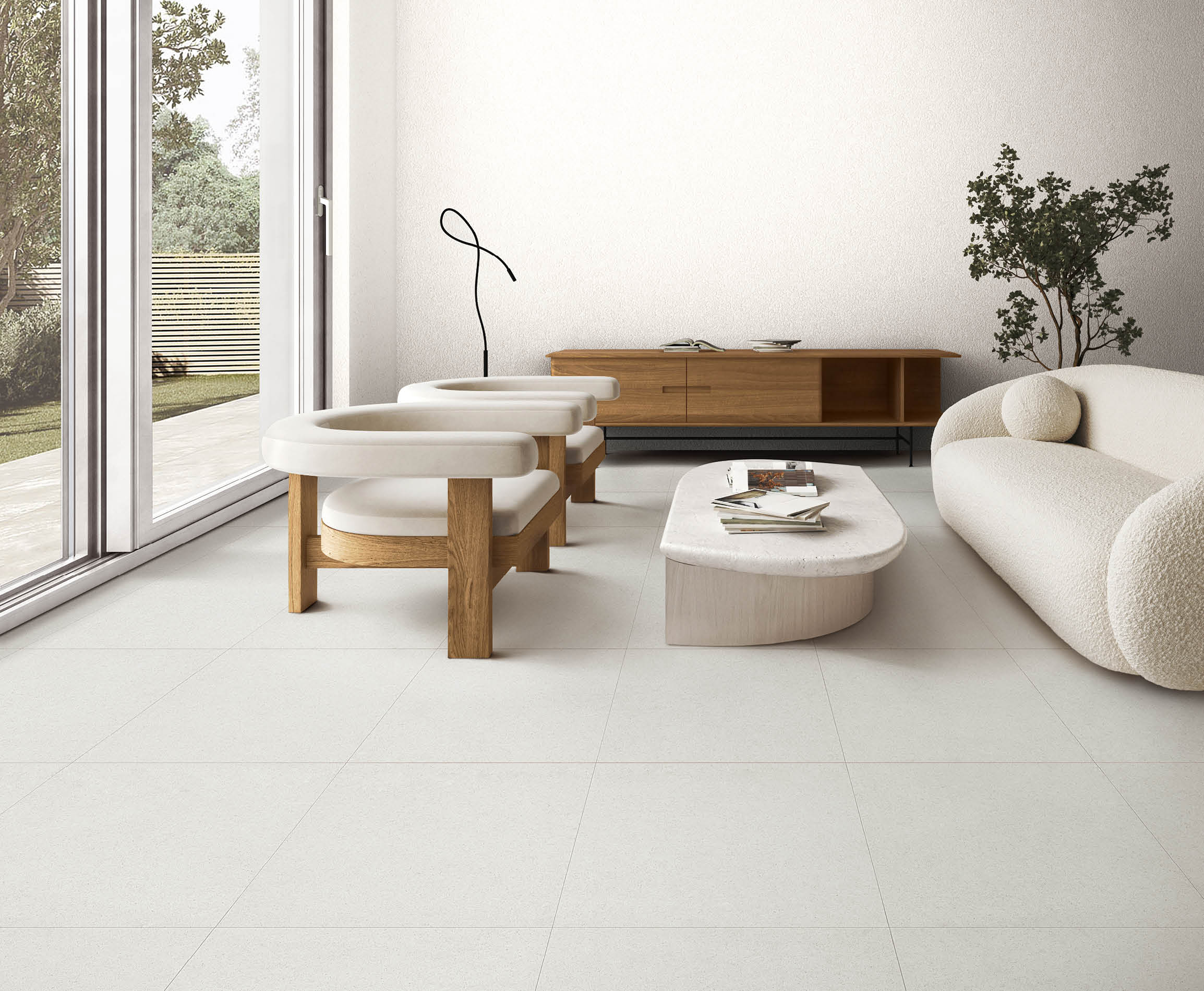 Boho beige livingroom with green plant and chair background. Light modern japanese nature interior. 3d rendering. High quality 3d illustration. 3D Illustration